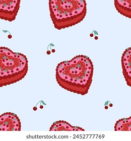 Seamless pattern with heart shaped cakes with cherries. Vector flat background