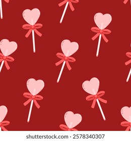 Seamless pattern with heart shaped caramel lollipop with ribbon bow. Holiday background of sweet candy stick. Happy valentine day confection. Symbol of love. Flat vector illustration on red background