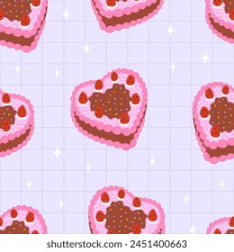 Seamless pattern with heart shaped chocolate cakes with strawberries. Vector flat background