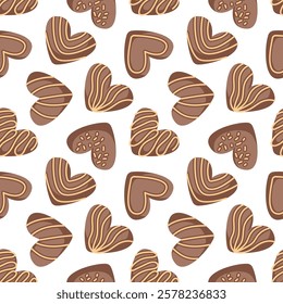 Seamless pattern of heart shaped chocolate candy in mocha mousse color on a white background. Ideal for Valentine Day, confectionery theme, packaging or festive textile design.