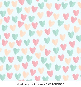 Seamless pattern with heart shaped confetti. Hand drawn vector illustration. Flat color design.