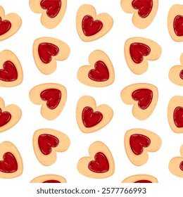 Seamless pattern with heart shaped cookie with strawberry jam in cartoon style. Love symbol of linzer cookie for Valentine Day holiday for bakery design background, wrapping paper.