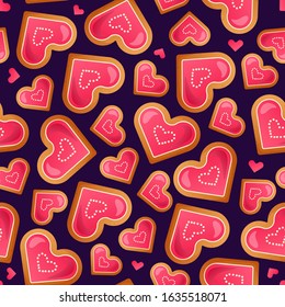 Seamless pattern with heart shaped cookies. Vector background design for fabric or wrapping paper.