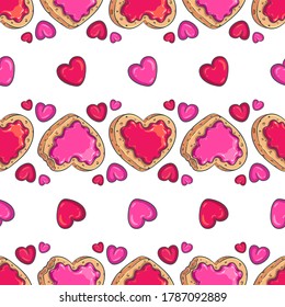 Seamless pattern of heart shaped cookies both intact and missing a bite. Colorful vector illustration for Valentine’s Day, birthday party, wedding, food fests and other designs.