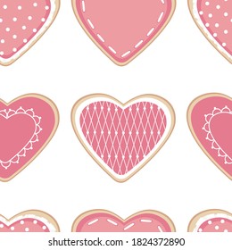 Seamless pattern Heart shaped cookies Valentines day vector illustration