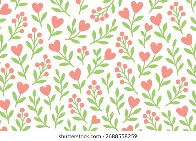 Patrón sin fisuras con flores en forma de corazón y hojas verdes