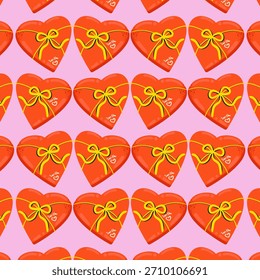 Caja de regalo en forma de corazón sin costuras para el día de San Valentín.  Patrón de Vector plano.