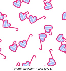 Seamless pattern of heart shaped glasses for the wedding or Valentine's Day. Cartoon vector isolated design for wallpaper, wrapping paper, textile, etc.