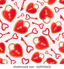 Seamless pattern with heart shaped keys and locks. Vector background design for fabric or wrapping paper.