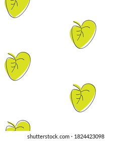 Seamless pattern with heart shaped leaves of green-yellow colour isolated on white background. Hand drawn print decorates eco surface and design package of products and goods. Vector illustration.