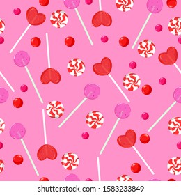 Seamless pattern with heart shaped lollipops and other sweets. Vector graphics.