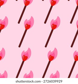 Modelo inconsútil del partido en forma de corazón con la llama. Estampado de amor romántico. Día de San Valentín, pasión y calidez concepto. Ilustración vectorial plana. Aislado sobre fondo rosa	