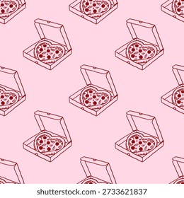 Seamless pattern with heart shaped pepperoni pizza in cardboard box. Italian fast food meal. Hand drawn vector illustration. Background for cafe, holiday, valentine day, birthday etc