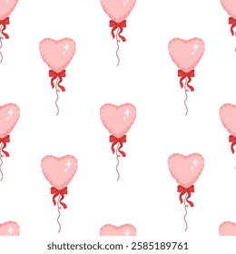 Seamless pattern of Heart shaped pink balloon with red cute ribbon bow. Symbol of love.Trendy background with festive helium balloon. Holiday backdrop. Party decor for wedding, birthday, valentine day