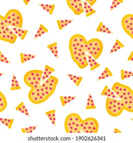 Seamless pattern of heart shaped pizza for the wedding or Valentine's Day. Cartoon vector isolated design for wallpaper, wrapping paper, textile, etc.