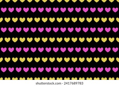 seamless pattern with heart shaped polka dots. Staggered pink and yellow on black. valentine concept. 