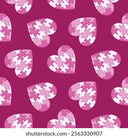 Seamless pattern of heart- shaped puzzle hearts on isolated background. Design for Valentine’s Day, Wedding, Mother’s day celebration, greeting cards, invitations, scrapbooking, home decoration.