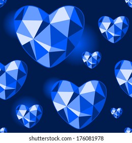Seamless pattern with heart shaped sapphire gems