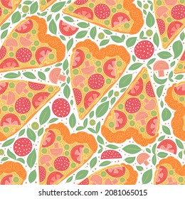 Seamless pattern with Heart shaped slice of Pizza, salami sausage, tomatoes, champignon mushrooms, olives, basil leaves. Pizza lover concept illustration for menu decoration, textile, restaurant.