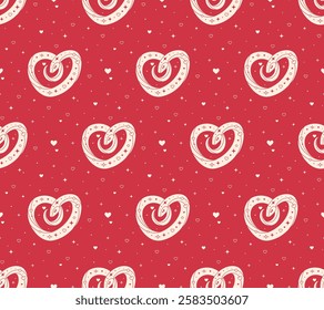 Seamless pattern with heart shaped snake on red background. Perfect for Valentine's day design, fabric, packaging, astrology, wrapping paper. Vector Illustration in flat style