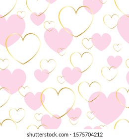 Seamless pattern with heart shapes in pink and gold on white background