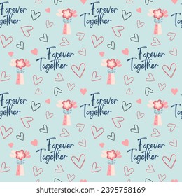 Forma cardíaca de patrón sin brillo y texto Forever Together. Antecedentes del Día de San Valentín. Patrón de amor de las flores