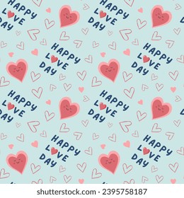 Seamless pattern heart shapes and text Happy Love Day. Valentine's Day background. Love pattern