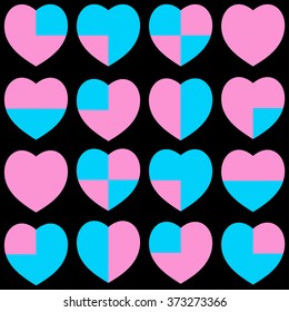 Seamless pattern with the heart silhouettes on black background for valentines day.