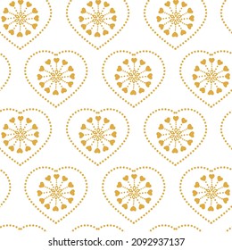 Seamless Pattern with heart Snowflakes in vintage style. Modern geometrical abstract illustration with crystals gold pattern with white background.