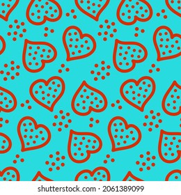 Patrón sin soldadura, corazón con motas sobre fondo azul, ilustración vectorial para textiles, papel de pared y papel de envoltura