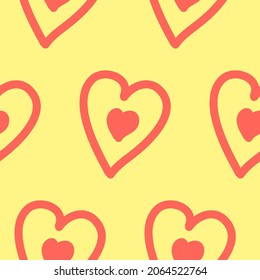 Seamless pattern, heart symbol of love, pink on yellow, vector illustration for textiles, wallpaper and wrapping paper