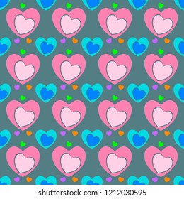 Seamless pattern of heart texture in pink, blue, purple, green, orange colors, different heart sizes on green background. Flat design vector, EPS10, for wallpaper, gift wrap paper, tile prints.