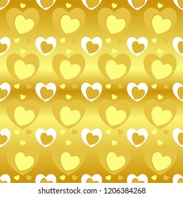 Seamless pattern of heart texture in yellow color, different heart sizes on gold (gradient yellow) background. Vector illustration, EPS10, for wallpaper, gift wrap paper, tile prints.