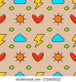 Seamless pattern heart thunderbolt Sun cloud flowers flat design, simple line art doodle cute design cool background textures 