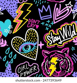 Seamless pattern with heart, tiger, eyes, words and cool sigs. Bright Abstract print on black background for fabric, textile, wallpaper, apparel. Vector illustration for teen  girl. Rock star, funky