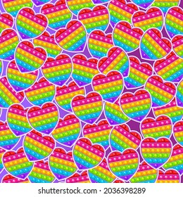 Seamless pattern, heart toy. Colorful sensory anti-stress toy for fidget pop it. Colorful silicone bubbles. A fashionable toy with a simple dimple of rainbow color on a purple background.