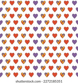 Seamless pattern heart in trendy retro groovy style. With valentines day elements. Candy hearts