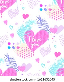 seamless pattern with a heart  and tropical leaves, hearts drawn by hand in the style of Doodle,  the print is suitable for Valentine's day on the white background