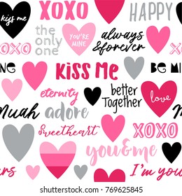 Seamless pattern of heart and typography design background