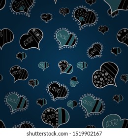 Seamless pattern Heart Valentine card love hearts. Vector illustration. Couple romantic love heart. Graphic hearts love on black, white and blue colors. Sketch designed loves heart.