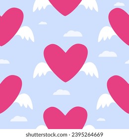 Seamless pattern with heart for Valentine's Day. Red heart with wings. Vector illustration.