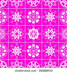 Seamless pattern with heart view snowflakes. Winter, Christmas, Valentine day, birthday texture. Stylized white ornament with heart signs on violet, magenta background. Vector illustration.