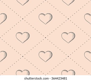 Seamless pattern with heart in vintage style engraving on a beige background for Valentine's Day. Hand drawn. Vector Illustration