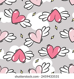 seamless pattern heart with wings