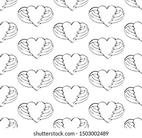 Seamless pattern heart with wings. Black and white illustration hand drawn line in the vector. Winged hearts cartoon style. Romantic, cute background for paper, textile, fabric, packaging, website