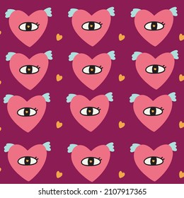 Seamless pattern heart with wings eye. Valentine's Day digital paper wallpaper textile fabric repeat background