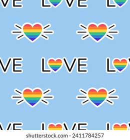 Seamless pattern with Heart and Word LOVE in LGBT flag colors. Rainbow colored heart. LGBT sticker in doodle style. LGBTQ, LGBT pride community Symbol. Vector illustration.