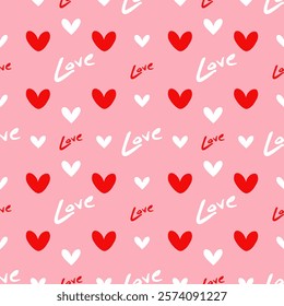 Seamless pattern with heart and words of love. Cute romantic hearts background for print, card, postcard, poster, textile, wrapping paper, fashion, Valentine's day concept. Vector illustration design