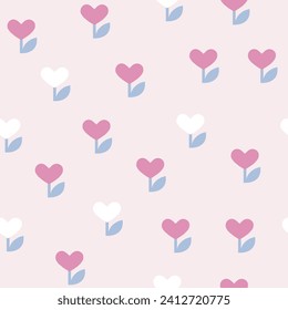 Seamless pattern with heart-flower. Pastel simple graphic. Vector hand drawn illustration.