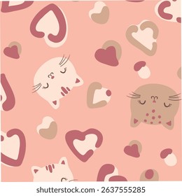 Seamless pattern with hearth and leopard and cat on a colored background. Vector illustration for printing on fabric, packaging paper. Cute children's background.